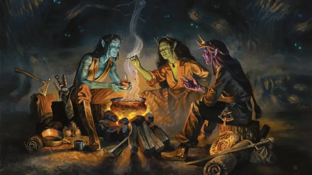 three hexbloods around a fire