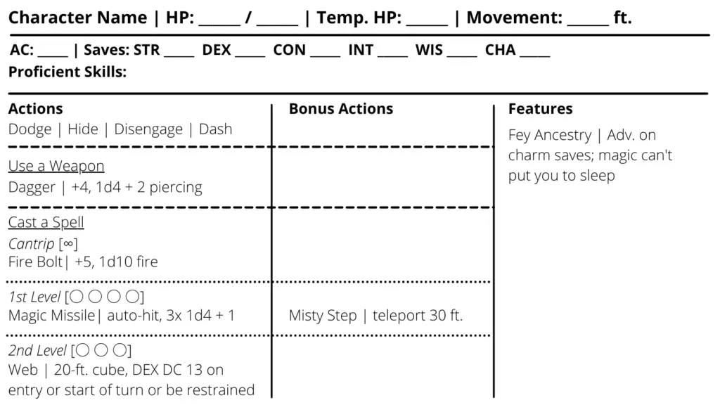 simple combat character sheet