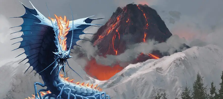 Remorhaz evolving monsters snowy forest and volcano