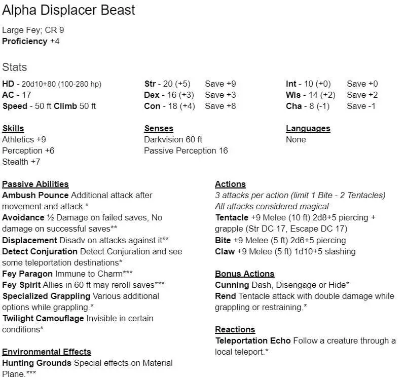 displacer beast statblock alpha