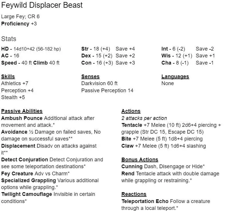 displacer beast statblock feywild