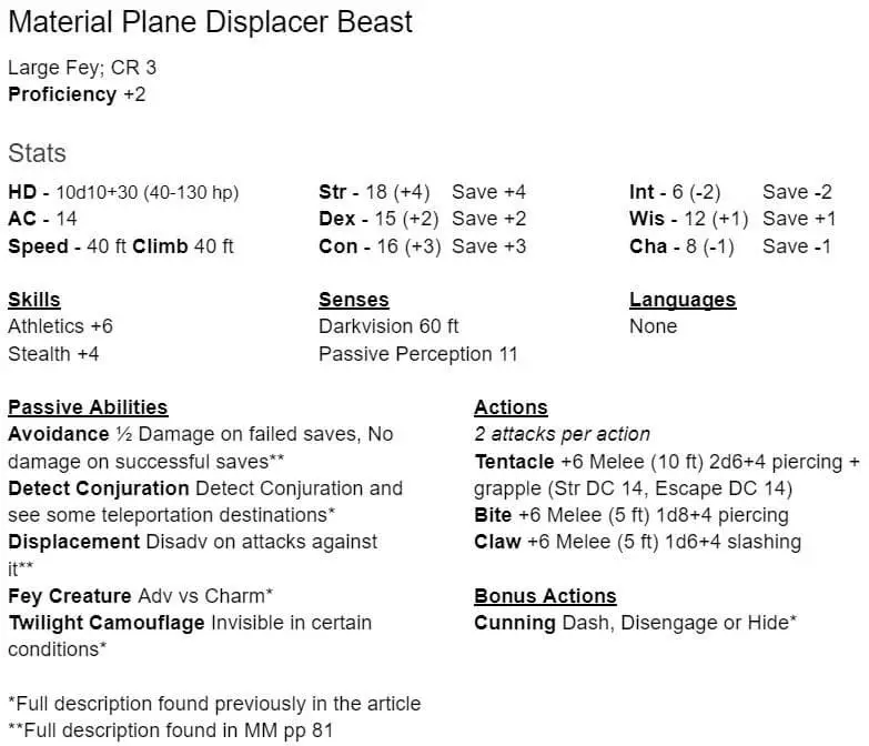 displacer beast statblock material plane