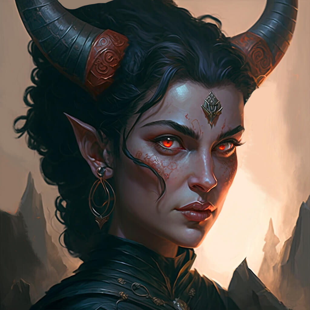 tiefling woman fiery eyes regal